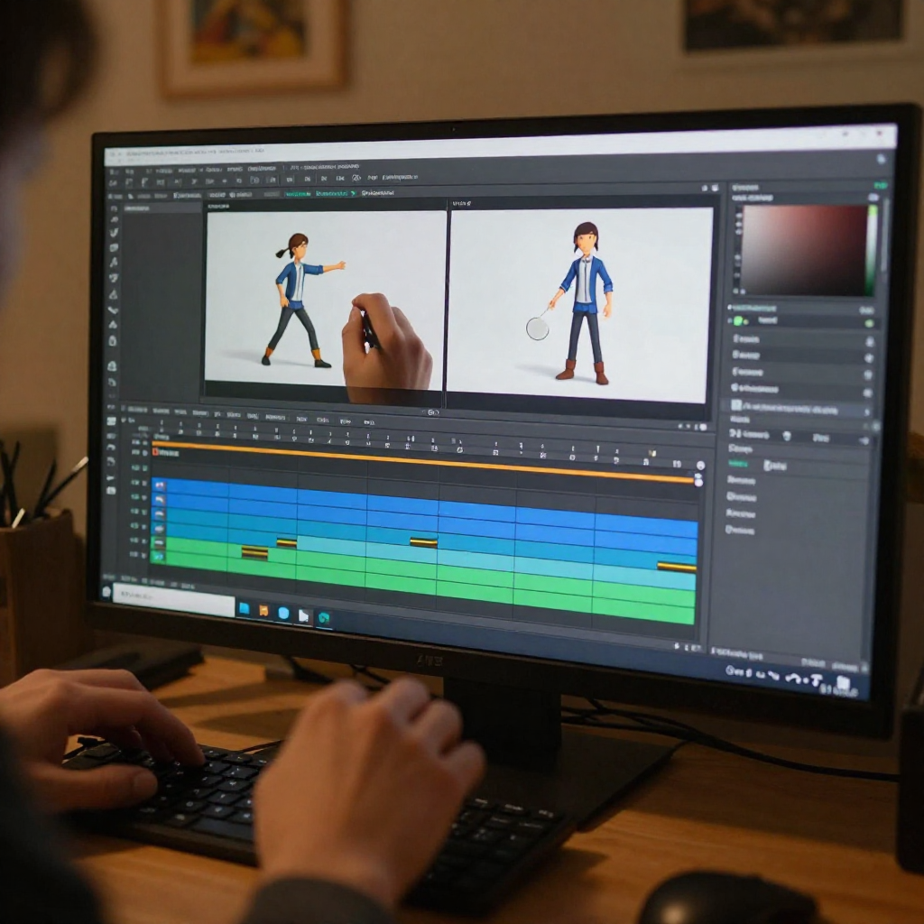 Animator working on character performance with timeline and graph editor visible