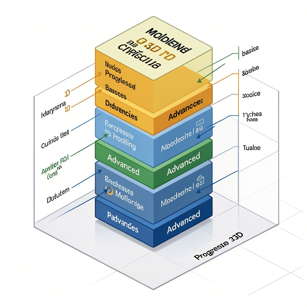 Visual diagram showing progressive 3D modeling curriculum from basics to advanced
