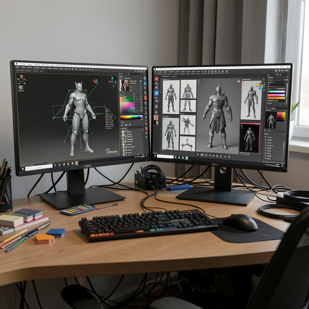 Professional 3D artist workspace with dual monitors showing complex character model