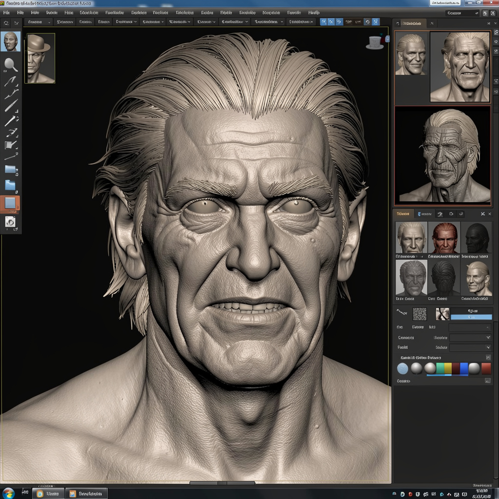 3D artist sculpting detailed character in ZBrush with reference images